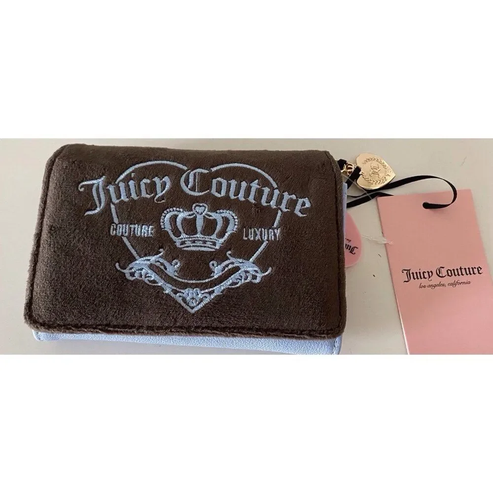 JUICY COUTURE GIRLIE ROYALTY Double Sided Trifold Wallet‎ Chocolate Blue NEW